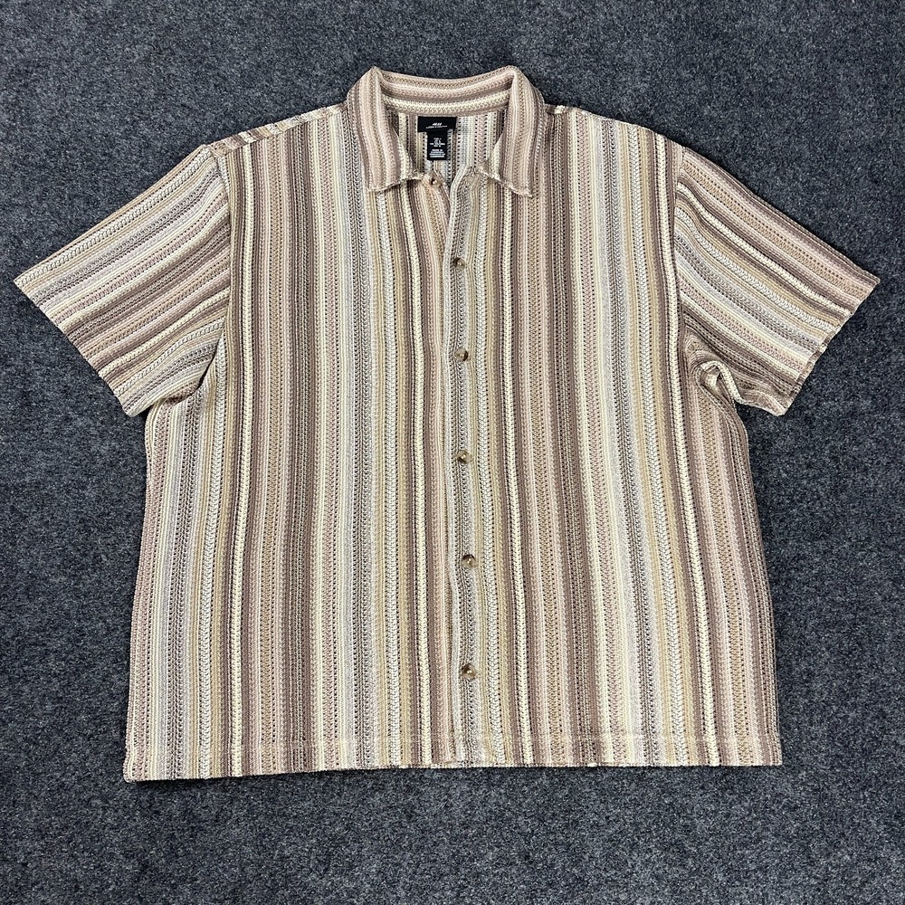 H&M Knit Button Up Shirt Mens Large Striped Short Sleeve Textured Camp